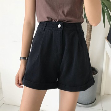 春夏新款韓版寬松百搭卷邊牛仔短褲女高腰顯瘦a字闊腿熱褲子1入