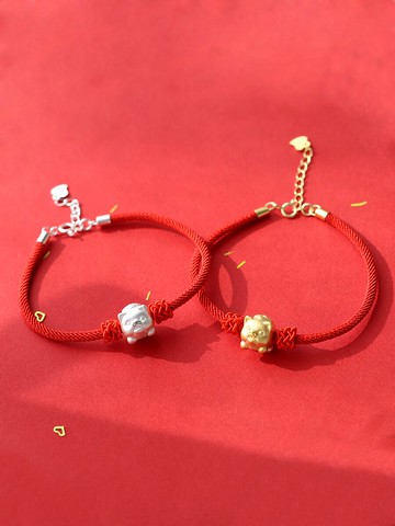 s925純銀新年新款紅繩手鏈 招財轉運本命年立體小豬手鐲可愛禮物1入