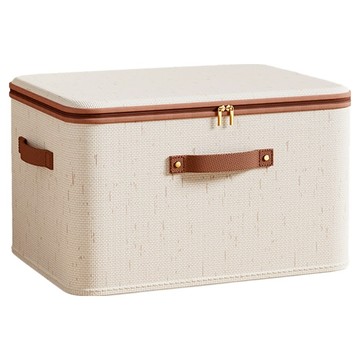 小麥購物 天山棉麻拉鏈帶蓋收納箱 L1468 25L  米白色  1個  40 x 30 x 21cm