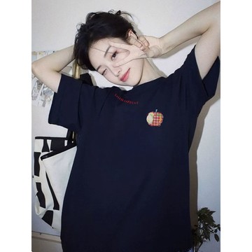 夏季新品 短袖t恤 短袖女 T恤 上衣 女裝 100%純棉設計感小衆藏青色短袖t恤女2026夏寬鬆美式半袖上衣