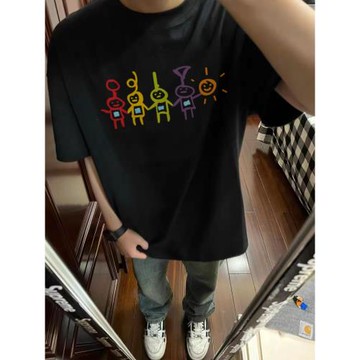 100%純棉美式潮牌正肩短袖T恤男夏季寬松情侶設計感小眾體恤上衣