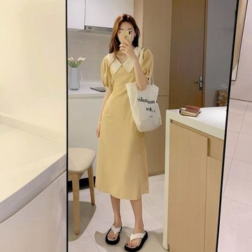 2026年新款女裝夏季設計感小眾法式氣質高級感卡其色連衣裙子長裙