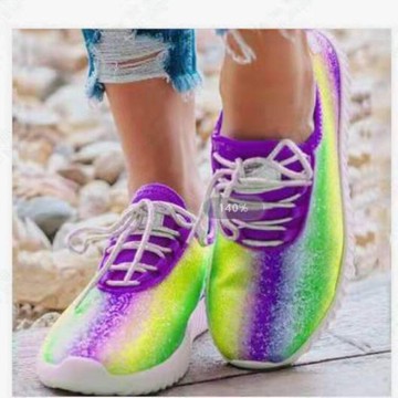 現貨女鞋新款 歐美風大碼女鞋 平底亮片彩虹色休閑單鞋女9