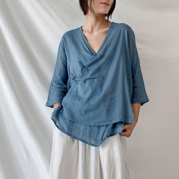 夏天襯衫中式茶服上衣苧麻小衫改良漢服斜襟盤扣復古文藝亞麻女裝