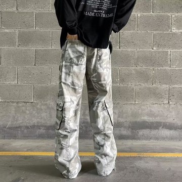 歐美hiphop褲子寬松美式復古迷彩工裝褲潮牌男痞帥直筒拖地闊腿褲