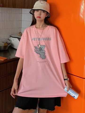 新款T恤女夏ins潮寬松中長款日系少女小熊印花打底衫半袖短袖