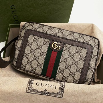 美國百分百【全新真品】Gucci 皮包 手拿包 GG 綠紅織帶 隨身包 歐洲精品 經典 logo印花 咖啡 CZ34 女神手袋