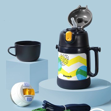 【孔雀Peacock】400ML 耐衝擊底座 兩用兒童不鏽鋼保溫杯-海軍藍