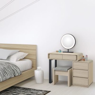 文創集 科萬塔2.7尺圓弧可伸縮LED鏡面鏡台/化妝台組合(含可收納化妝椅)-80x40x129-cm免組