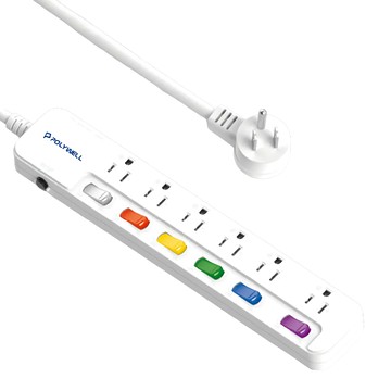 POLYWELL 寶利威爾 電源延長線6切6座 3孔 295 x 54 x 25.5mm  120cm  白色  1條