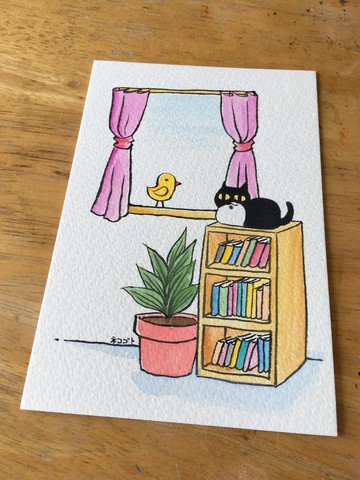 手繪明信片-書櫃上的黑丸
