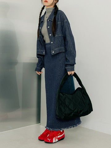 立體格線編織牛仔長裙