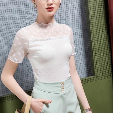 2025夏季新款雪紡打底衫女短袖蕾絲網紗拼接性感洋氣春款薄款上衣