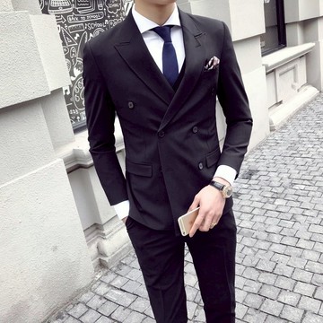 FINDSENSE H1男士 暗細條紋 雙排扣 西裝 經典 複古 修身 套裝 西服 馬甲 西褲 三件套