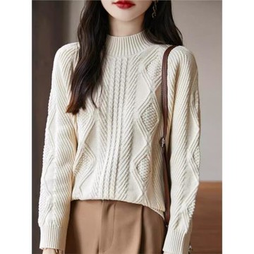 重工提花純棉線半高領毛衣女2025秋季寬松內搭保暖針織衫打底上衣