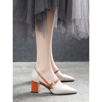 一字帶高跟涼鞋女2024新款夏季尖頭淺口粗跟單鞋仙女風包頭涼鞋女