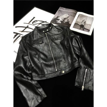 CCA自制辣妹風復古黑色洗水機車皮衣袖口拉鏈麂皮短款皮夾克外套