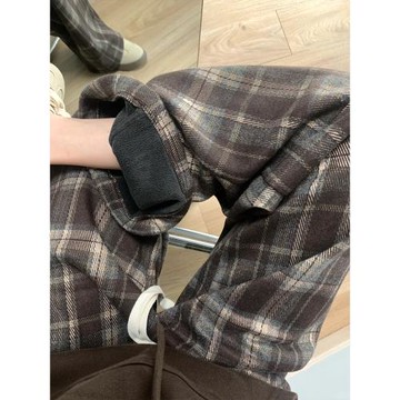 格子褲加絨加厚褲子冬2025新款女梨形身材胖mm大碼咖色寬松闊腿褲