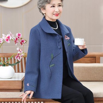 中老年人秋裝毛呢外套女奶奶裝繡花媽媽春秋上衣老人太太衣服氣質