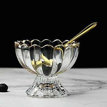 日式金邊玻璃冰激凌杯雪糕杯高腳玻璃杯思慕雪杯酸奶甜品杯小吃碟