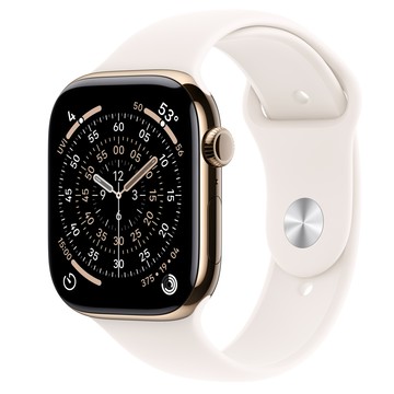Apple Watch Series 11 (GPS + 行動網路)；46 公釐金色鈦金屬錶殼；淡胭粉色運動型錶帶 - M/L