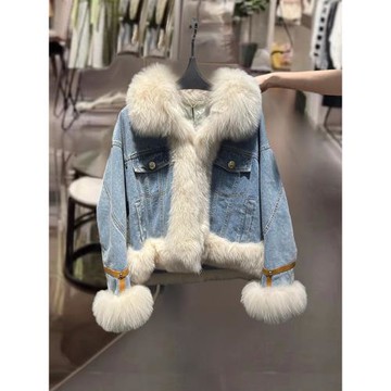 狐貍毛羽絨內膽加厚牛仔外套女2025冬新款時尚洋氣貴婦顯瘦派克服