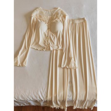 2023年新款睡衣女秋冬季莫代爾法式甜美帶胸墊性感蕾絲家居服套裝