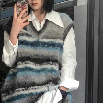 【慵懶風復古】撞色條紋無袖針織衫馬甲 背心馬甲 男女春秋寬鬆V領毛衣背心 大尺碼馬甲背心 馬甲背心女