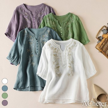 【ACheter】短袖蘆麻刺繡上衣文藝復古棉麻感小V領寬鬆氣質短版上衣# 118418 (現貨+預購)
