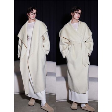 3ONE羊駝毛綿羊毛雙面呢外套女冬 加厚大翻領慵懶中長款毛呢大衣