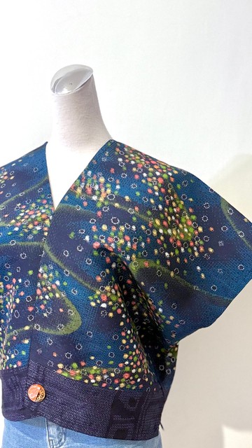 古董絲質深藍色銀河五彩金平糖星星微修身日式四角衣罩衫
