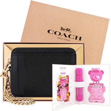 COACH 黑色荔枝紋皮革金屬鏈帶證件卡夾/零錢包+MOSCHINO 品牌經典隨身小香水