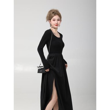 小P衣站赫本風收腰長袖連衣裙女春秋疏離感穿搭法式高腰a字長裙子