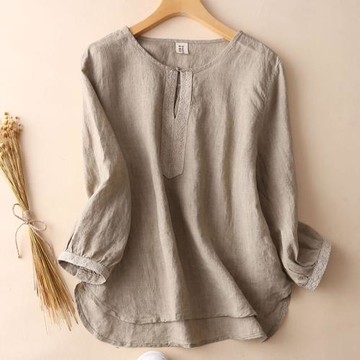 棉麻長袖襯衫女夏季新款復古文藝苧麻薄款防曬上衣寬松休閑打底衫