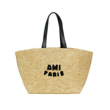 Ami 立體黑logo草編肩背托特包(米/黑)