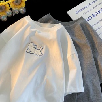 日系刺繡短袖t恤男夏季寬松圓領情侶白色打底休閑半袖潮流中性風