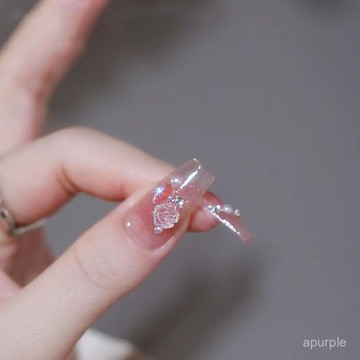 高級手工粉紅流沙穿戴甲水晶珍珠山茶花拍婚紗照美甲成品修甲工具 GYXO