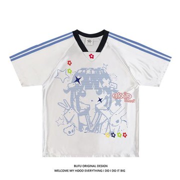 億萬少年BUFU美式復古二次元球衣短袖男女運動V領Y2K千禧辣妹T恤
