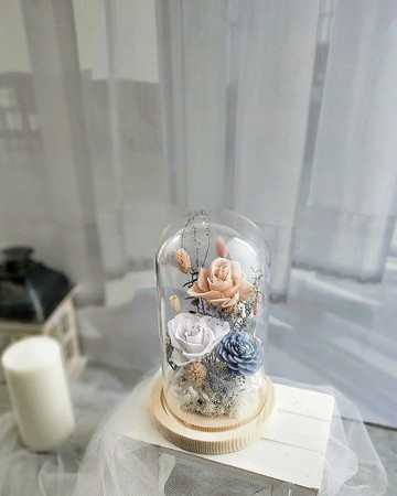 畢業禮物-莫蘭迪粉藍 永生花盅 玻璃罩畢業 老師禮物