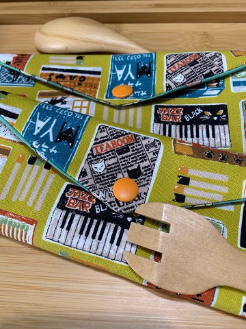 文青風環保純棉筷袋 黑貓食堂 卡其黃 日本 潮物 收納 手作餐具袋