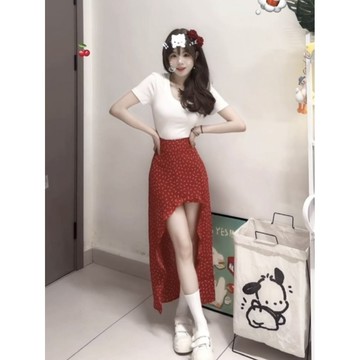 【砂糖夢境】套裝女紅色碎花不規則半身裙開叉長裙夏正肩短袖T恤上衣