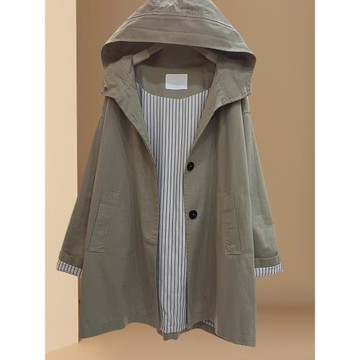 2026春秋新款韓版休閑純色寬松上衣百搭長袖中長款連帽風衣外套女