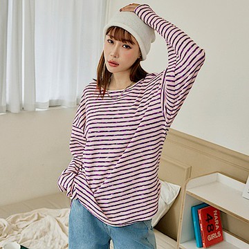 寬版橫條紋落肩長袖上衣-OB嚴選