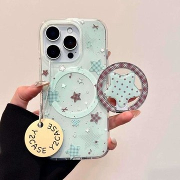 薄荷綠五角星格紋折疊磁吸支架適用蘋果16手機殼iPhone15少女款13/12防摔11PROMAX全包S/XR新品7/8軟套14PLUS