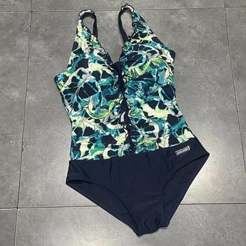 出口歐美女士成人前中小花邊花朵印花胖MM拼塊大露背三角連體游泳