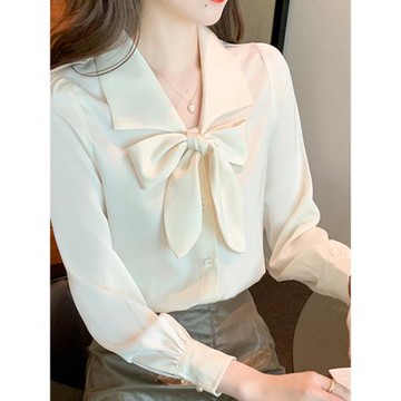 西裝領蝴蝶結飄帶襯衫女新款2025秋裝高級感氣質襯衣長袖打底上衣