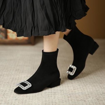 2024新款英倫絨面方頭馬丁靴女歐美水鉆方扣短靴彈力短筒靴子女