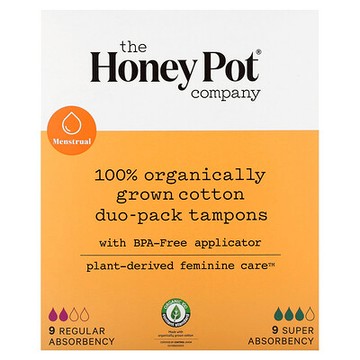 The Honey Pot Company, 全有機種植棉雙包衛生棉條，普通型和特強吸收型，18 片