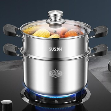 304不鏽鋼小蒸鍋家用加厚雙層三層小型湯鍋帶蒸籠煤氣電磁爐兩用