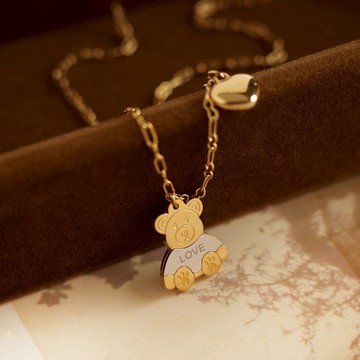 [鈦鋼.項鍊] 穿金戴銀的小熊【UME】洗澡可戴 小熊項鍊 愛心項鍊 拚色項鍊